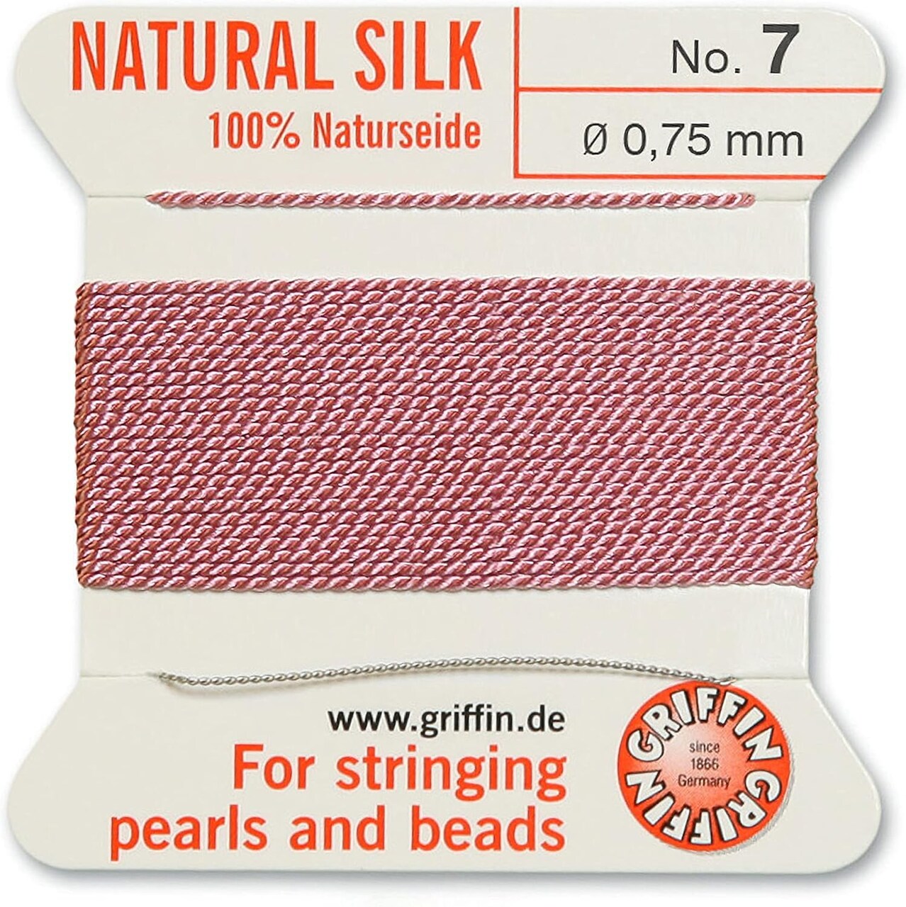Griffin Silk Bead Cord Perlseide – Size 7 (0.75mm) – 2 Meters per Card – Stainless Steel Needle Attached – for Knotting Pearls, Gemstones, Crystals and Beads